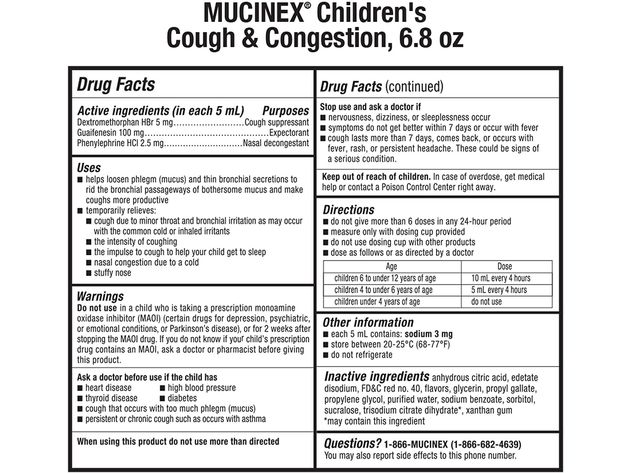 Mucinex Children's Berrylicious Congestion and Cough Liquid for Chest Congestion Relief, Stuffy Nose Relief, Mucus, and Cough Control, 6.8 Fluid Ounces