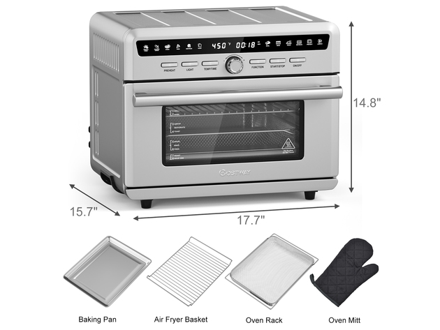 Costway 26.4 QT 10-in-1 Air Fryer Toaster Oven Dehydrate Bake 1800W w/ Recipe - Silver