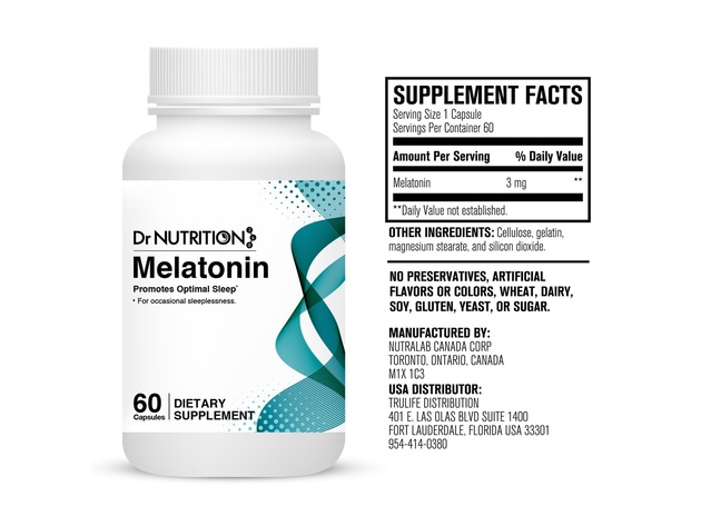 Dr Nutrition 360 Melatonin 3 mg - Promotes Optimal Sleep 60 Capsules, 2 Months Supply Dietary Supplement