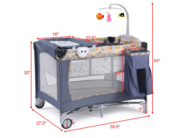 Costway Foldable Baby Crib Playpen Playard Pack Travel Infant Bassinet Bed Music - Gray