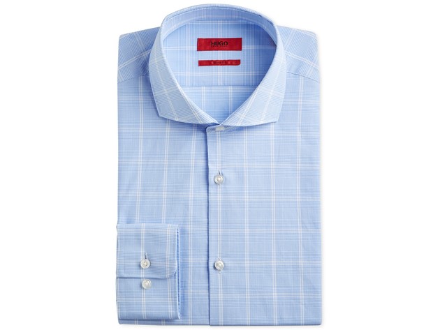 Hugo Boss Men's Slim-Fit Light Blue Windowpane Dress Shirt Pasblue Size Medium