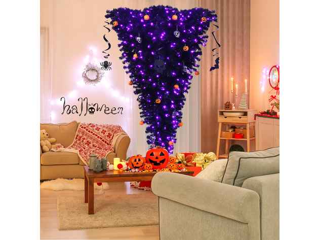 7 Foot Upside Down Christmas Halloween Tree Black w/400 Purple LED Lights