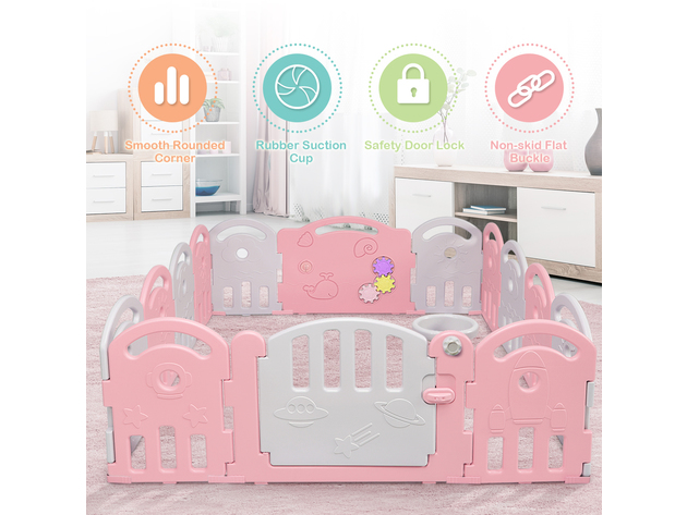 Costway 14-Panel Baby Playpen Kids Activity Center Playard w/Music Box - Pink, Gray