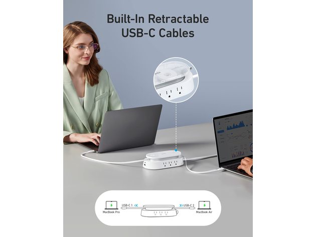 Anker 647 Charging Station (100W) – 10-in-1 Power Strip With 6 AC Outlets, USB-A, USB-C, & 2 Retractable Cables