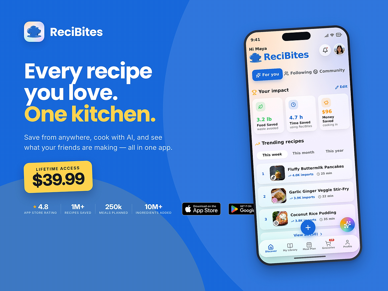 ReciBites - AI Recipe, Meal Plan, Grocery List App: Lifetime Subscription
