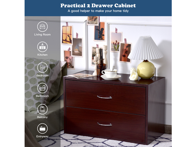 Costway 2-Drawer Dresser Horiztonal Organizer w/Handle Wood End Table Nightstand - Brown/ White