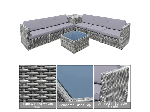 Costway 8 Piece Wicker Sofa Rattan Dinning Set Patio Furniture w/ Storage Outdoor - Grey