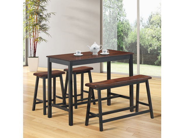 Costway 4 Pcs Solid Wood Counter Height Table Set w/ Height Bench & Two Saddle Stools