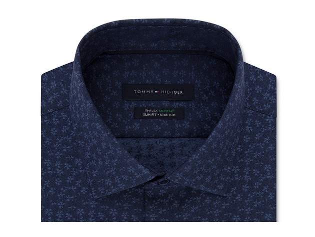Tommy Hilfiger Men's Slim-Fit Non-Iron Thflex Performance Stretch Floral-Print Supima Cotton Dress Shirt Blue Size 34-35