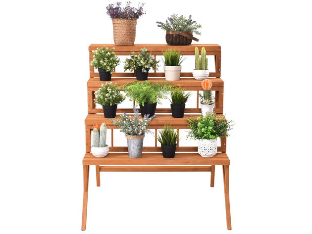 Costway 4 Tier Wood Plant Stand Flower Pot Holder Display Shelves Rack Stand Ladder Step - Yellow
