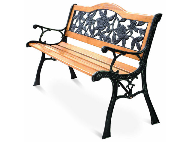 Costway Patio Park Garden Bench Porch Path Chair Furniture Cast Iron Hardwood - Yellow