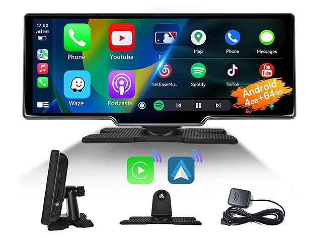 10" Touchscreen Wireless/Wi-Fi/Bluetooth Car Display with Apple CarPlay & Android Auto Support