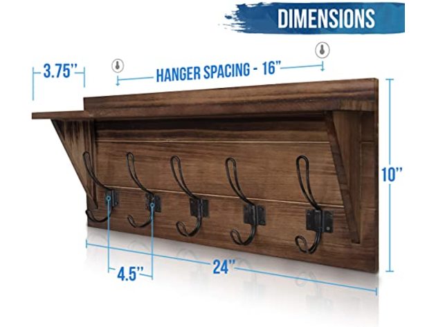 HBCY Wall Mounted Coat Rack 24" Entryway Shelf with 5 Hooks, 1-Rustic Brown (Refurbished, No Retail Box)