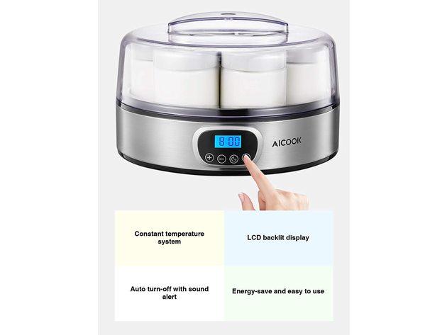 AICOOK Automatic Digital Yogurt Maker, 30W, Timer Control & LCD Display, 304 Stainless Steel Body