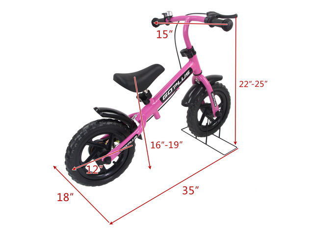 12'' Pink Kids Balance Bike Children Boys & Girls with Brakes and Bell Exercise - Pink + Black