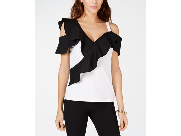 INC International Concepts Colorblocked-Ruffle Women's Cold-Shoulder Top  White Size Large