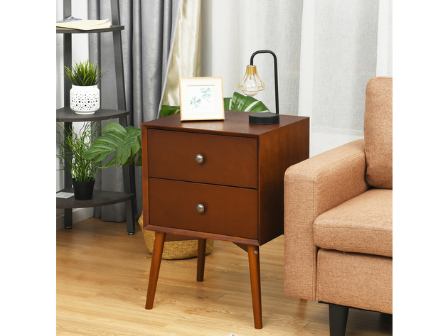 Costway 2PCS Nightstand Mid-Century End Side Table 2 Drawer Rubber Wood Legs Living Room - Brown