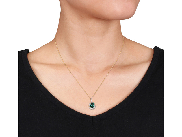 Lab Created Emerald and White Topaz Drop Pendant Necklace 1 5/8 Carat (ctw) in 14K Yellow Gold with Chain