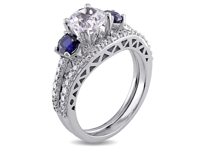 Created White & Created Blue Sapphire 2 Carat (ctw) with Diamond 1/3 Carat (ctw) Engagement Ring and Bridal Wedding Set 10K White Gold - 10