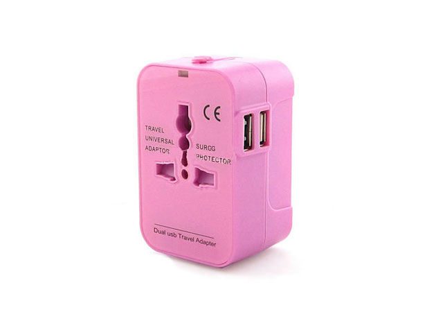 Worldwide Power Adapter and Travel Charger with Dual USB Ports (Pink)