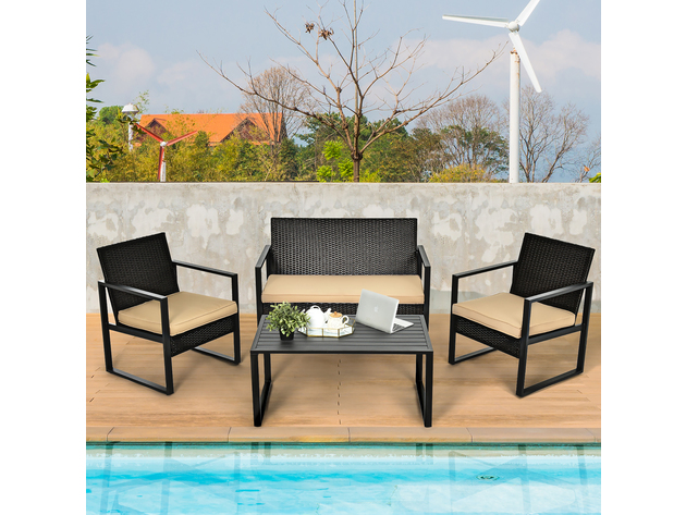 Costway 4 Piece Patio Rattan Furniture Set Cushioned Sofa Coffee Table Garden Deck Brown