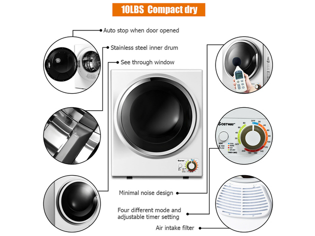Costway Electric Tumble Compact Cloth Dryer Stainless Steel Wall Mounted 1.5 cu .ft. - White