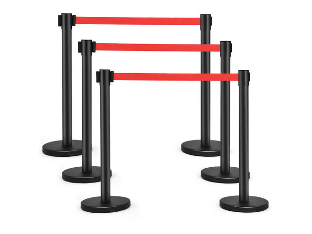 Costway 6Pcs Black Stanchion Posts Queue Pole Retractable Red Belt Crowd Control Barrier - Black and red