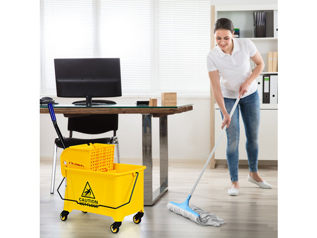 Costway Commercial Mop Bucket Side Press Wringer on Wheels 21 Quart Yellow w/ Panel 