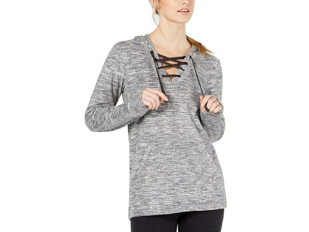 Ideology Women's Space-Dyed Lace-Up Hoodie Charcoal Heather Size Large