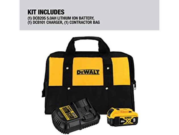 DEWALT DCB205CK 20V MAX Battery and Charger Kit with Bag, 5.0Ah - Black-v349 (Refurbished)