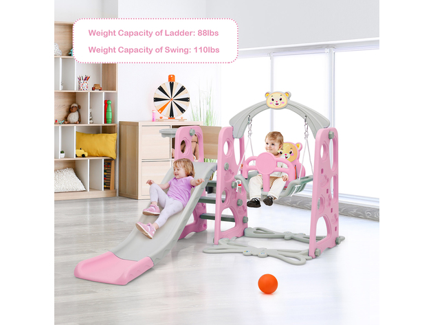 Costway 4-in-1 Toddler Climber and Swing Set w/ Basketball Hoop & Ball Pink\Green - Pink