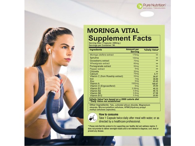 Pure Nutrition Moringa Vital Wholefood Multi Vitamins & Trace Minerals with Vital Nutrients - 90 Veg Capsules