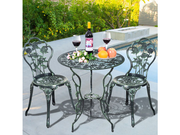 Costway Patio Furniture Cast Aluminum Rose Design Bistro Set Antique Green