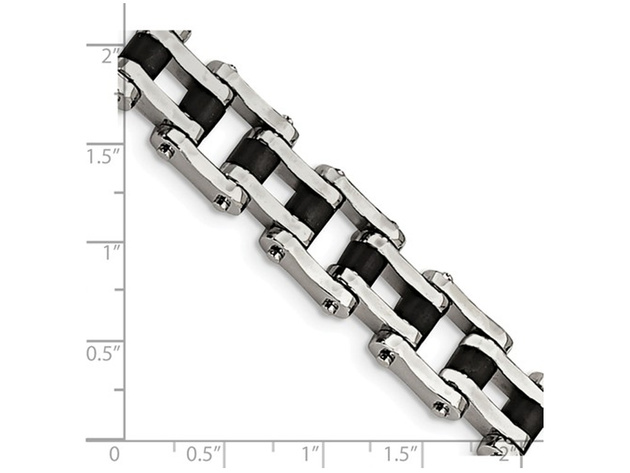 Mens Bracelet in Stainless Steel with Black Rubber 8.5 Inch