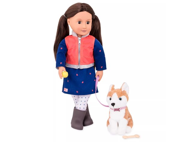 Our Generation Adorable 18 Inch Doll Leslie and Plush Puppy Pet Husky Toy Set for Girls (New Open Box)