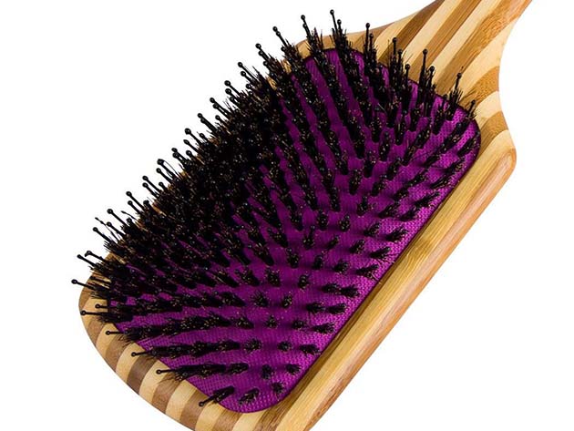 Detangling Natural Bamboo Paddle Brush with Boar Bristles (Purple)