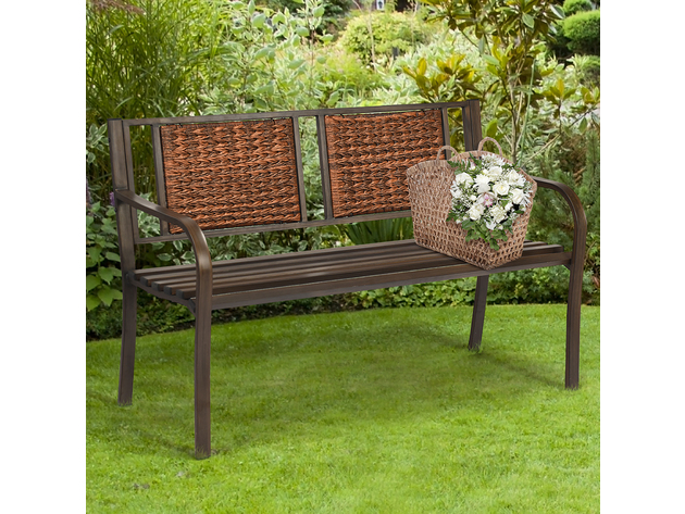 Costway Patio Garden Bench Steel Frame Rattan Backrest Park Yard Outdoor Porch Furniture - Bronze