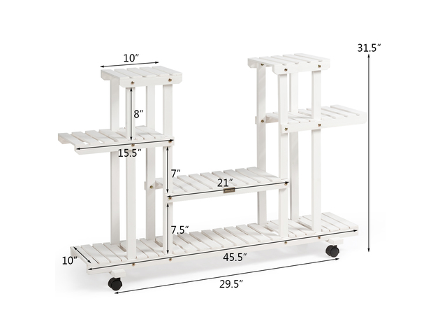 Costway 4-Tier Rolling Flower Rack Wood Plant Stand Casters 12 Pots Bonsai Display Shelf - White