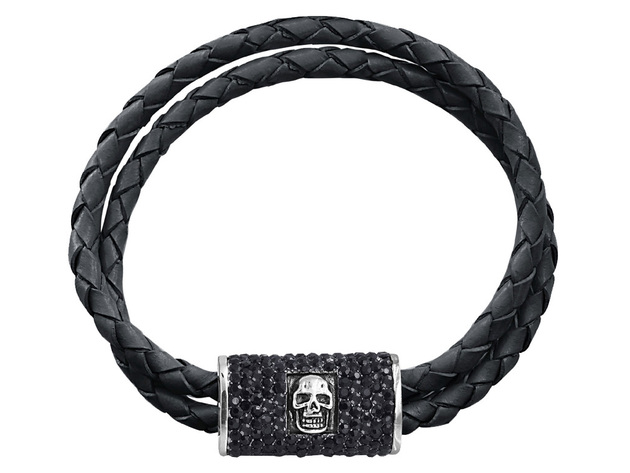 David Sigal Mens Leather Double Row Skull Bracelet with Synthetic Crystals in Stainless Steel