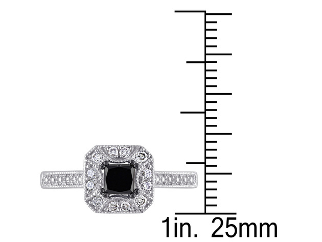 Enhanced Black and White Halo Princess Cut Diamond Engagement Ring 1/2 Carat (ctw) in 10K White Gold - 9.5