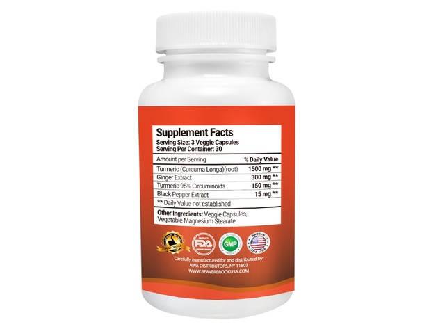 Beaver Brook Turmeric Curcumin + Ginger Root and Black Pepper Extract All Natural Dietary Supplement - 180