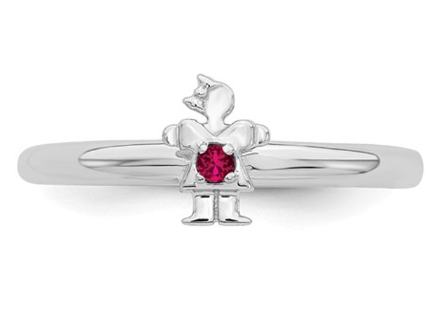 Sterling Silver Stackable Band Ring with Little Girl and Lab Created Ruby Accent - 8