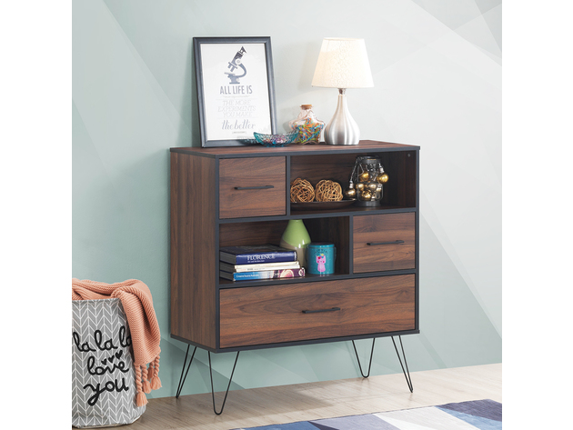 Costway Sideboard Storage Cabinet Multipurpose Display Unit w/Metal Leg & Drawers - Walnut