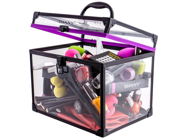 SHANY Clear Cosmetics and Toiletry Train Case - Extra Large Travel Makeup Organizer with Secure Closure and Black/Purple Accents - XL