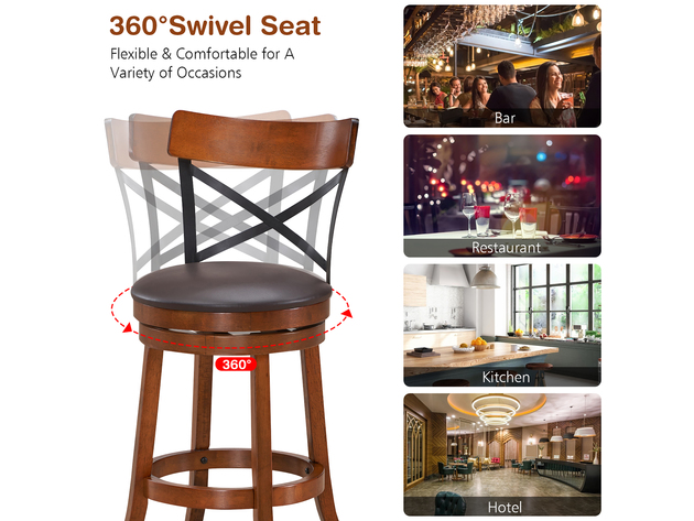 Costway Set of 2 Bar Stools Swivel 25'' Dining Bar Chairs with Rubber Wood Legs - Walnut, Black, Brown