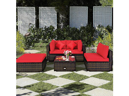 Costway 5 Piece Outdoor Patio Rattan Furniture Set Sectional Conversation W/Red Cushions - Red/Beige