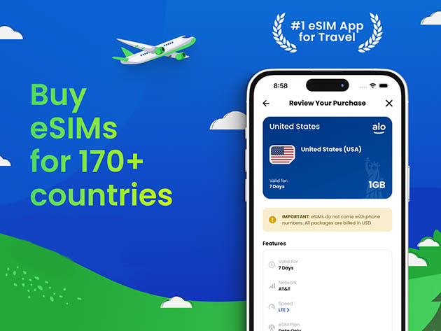 aloSIM Traveler's Lifetime eSIM Plus Mobile Data Plan: Pay $20 for $50 Credit