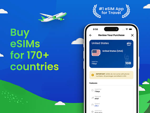 aloSIM Mobile Data Traveler Lifetime eSim Plan: Pay $25 for $50 Credit