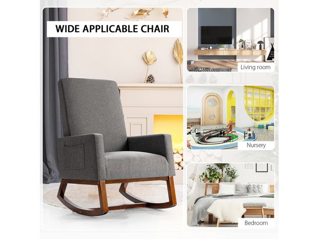 Costway Mid Century Retro Fabric Upholstered Rocking Chair Nursery Armchair Gray - Gray