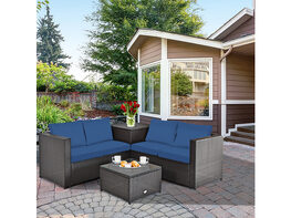 Costway 4PCS Outdoor Patio Rattan Furniture Set Cushioned Loveseat Storage Table Brown/Navy